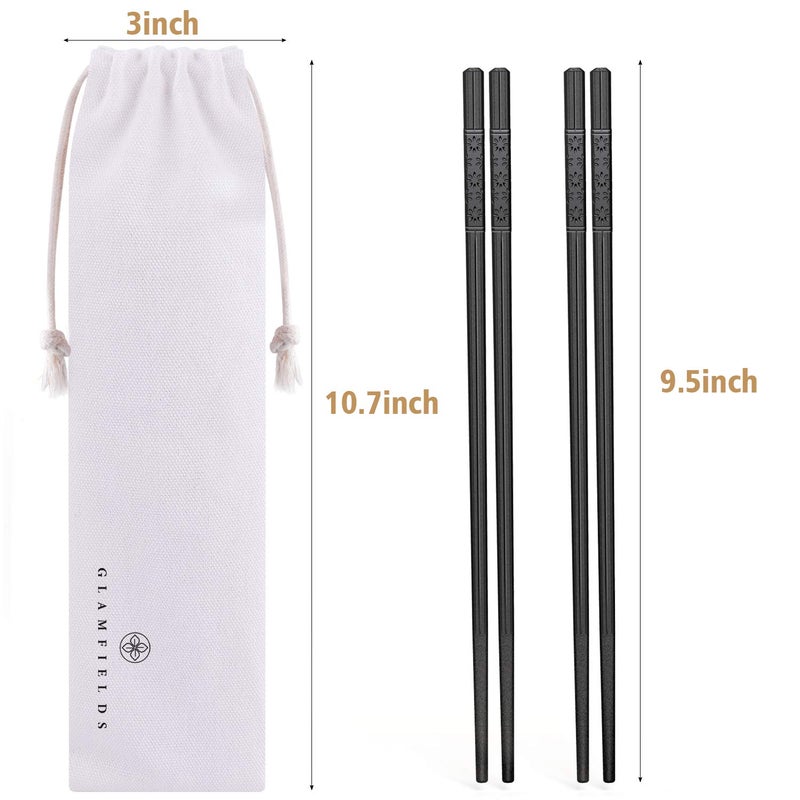 GLAMFIELDS 5 Pairs Fiberglass Chopsticks, GLAMFIELDS Reusable Japanese Chinese Chop sticks Dishwasher Safe, Non-slip, 9 1/2 inches - Black with Multi-purpose Drawstring Bag Carrying Case - Image 2